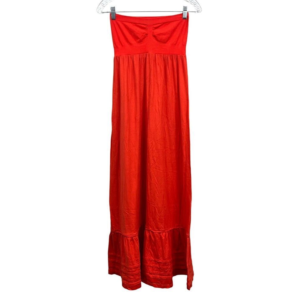 Theory Women Maxi Dress Strapless Ribbed Trim Stretch Ruffled Hem Orange Sz P/S*